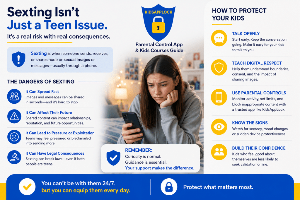 Teen sexting safety infographic with KidsAppLock parental control app guide explaining the dangers of sexting and practical online safety tips for parents to help protect children and teenagers