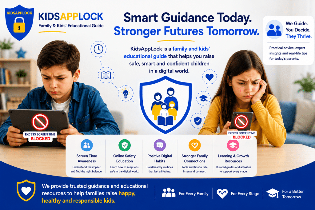 KidsAppLock family and kids educational guide promoting healthy screen time habits, online safety education, digital wellbeing, and stronger family connections for children and parents